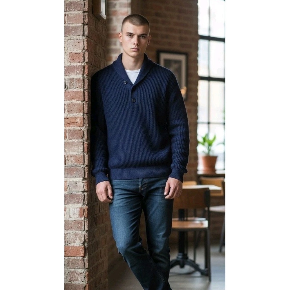 Brunello Cucinelli Ribbed Shawl Collar Knit Sweater Mens 54 US 44 XL Navy Blue